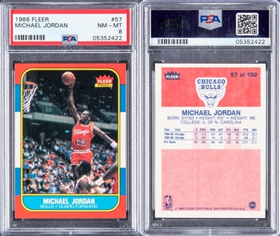 1986/87 Fleer Basketball Complete Set (132) Plus Complete Stickers Set (11) – Including Two Michael Jordan Rookie Cards – All PSA NM-MT 8!